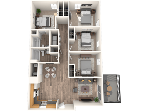 Floor plan for 4 beds, 2 baths, 1294 sqft